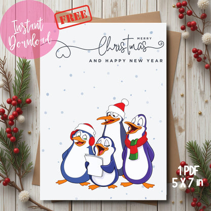 Printable Christmas card with cute penguin choir in winter accessories, modern calligraphy greeting, displayed on rustic wood background with red berries and pine branches, 5x7 instant download