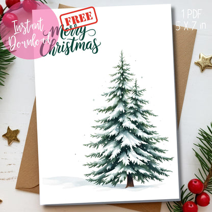 Free 5x7 holiday card with minimalist watercolor pine tree covered in snow, forest green script lettering, displayed with kraft envelope and holiday decorations, instant download