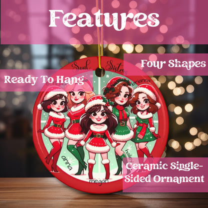 Red ceramic Christmas ornament featuring five cartoon-style women in Santa and elf outfits with customizable names, showing product features including ready-to-hang design and four shapes available.