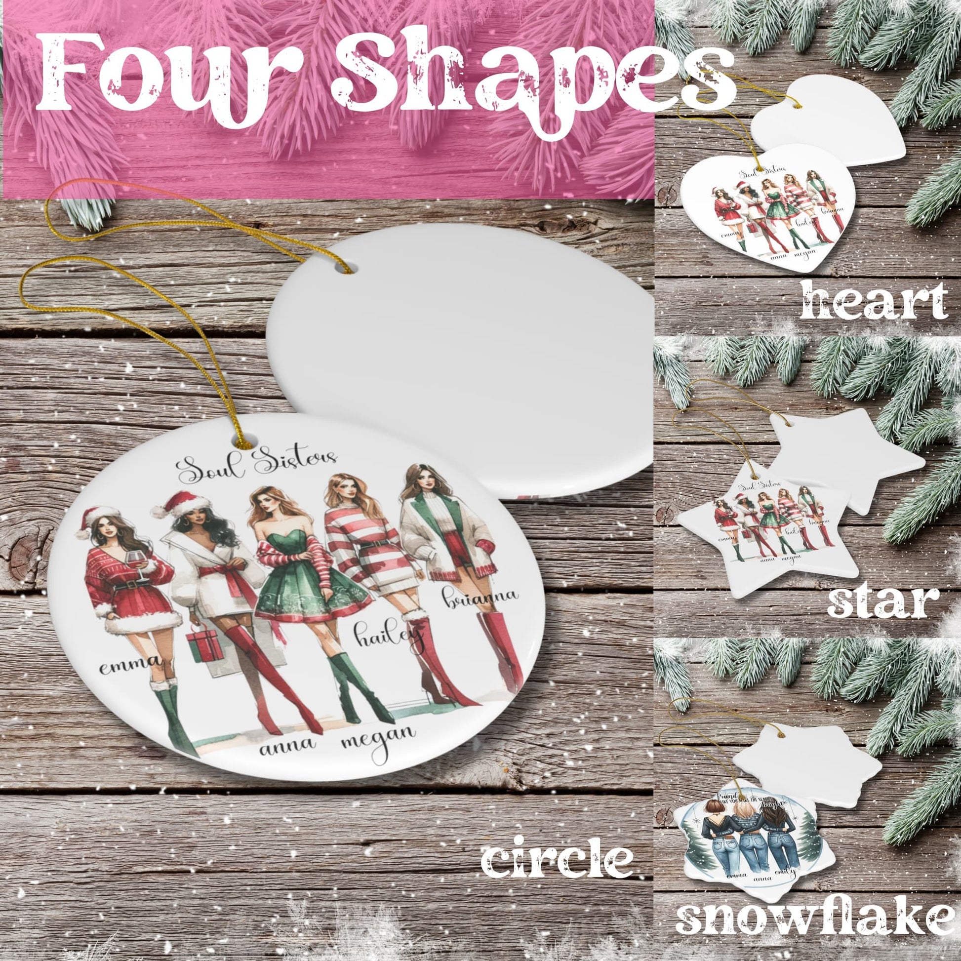 Soul Sisters Christmas ornaments in all four shapes - circle, star, heart, and snowflake - beautifully arranged on a table.