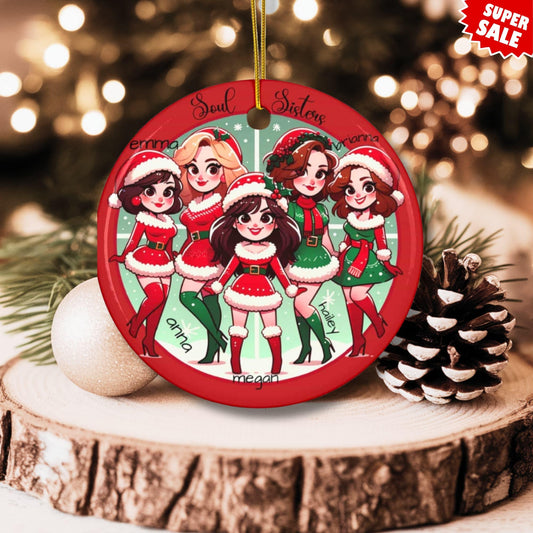 Soul Sisters personalized Christmas ornament displayed on wooden slice with pinecone, showing five friends in festive red and green Santa outfits against bokeh light backgroundSoul Sisters personalized Christmas ornament displayed on wooden slice with pinecone, showing five friends in festive red and green Santa outfits against bokeh light background