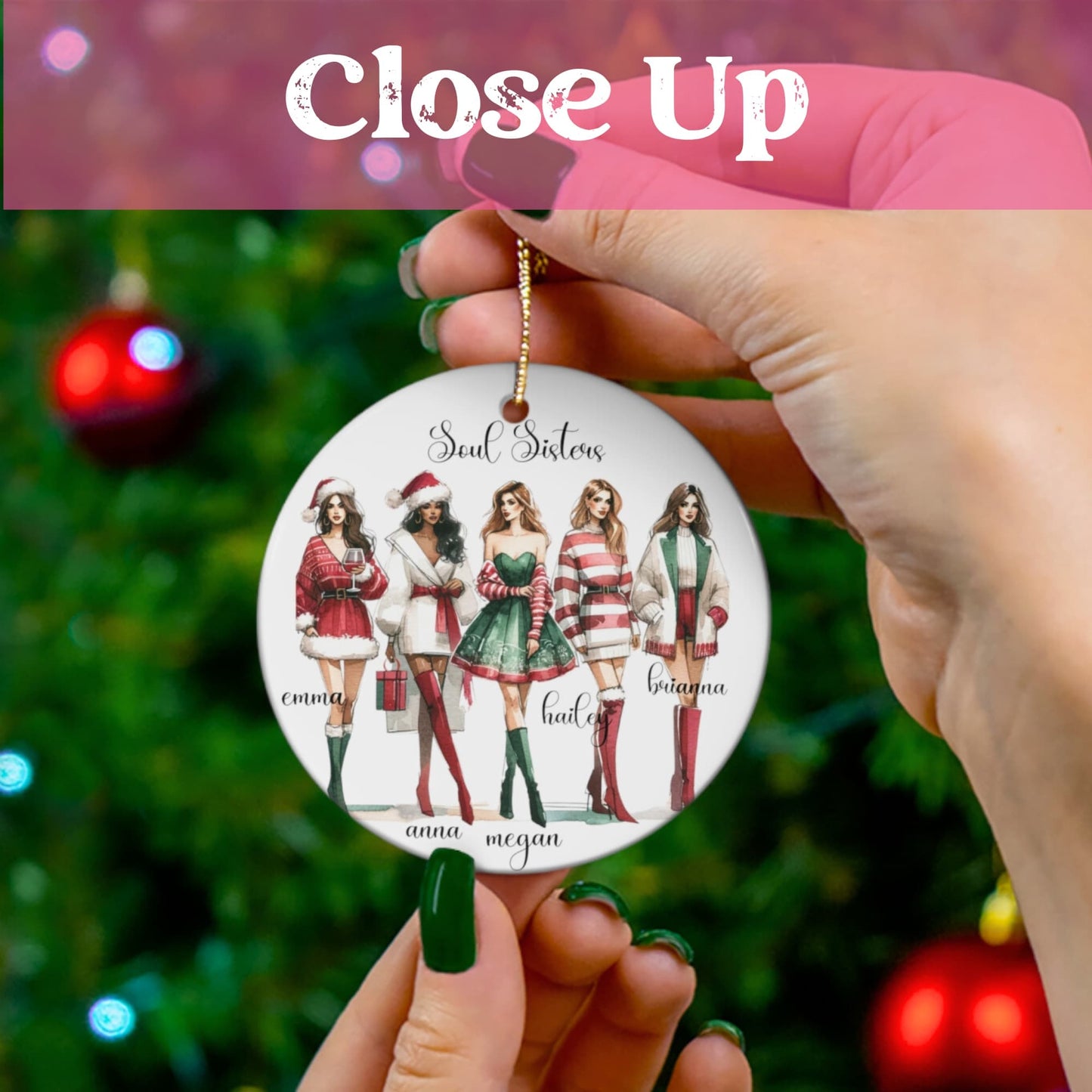 Close-up view of a Soul Sisters Christmas ornament in hand, providing a real-life perspective of its size and quality.