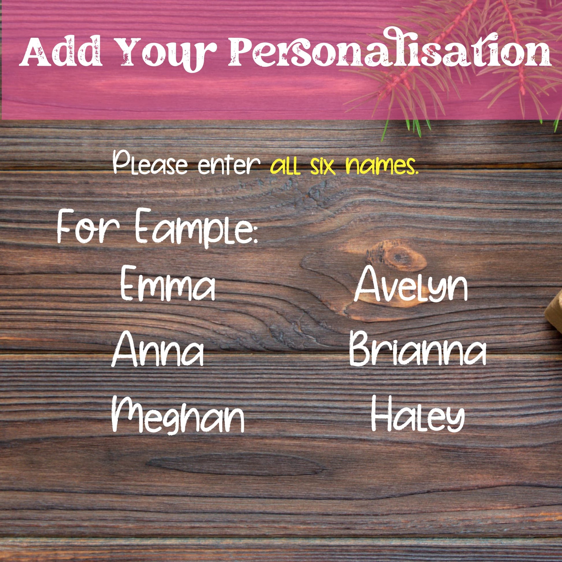 Personalization instructions for Soul Sisters ornament requesting all six names, showing example names Emma, Anna, Meghan, Avelyn, Brianna, and Hailey on rustic wood background with pink header.