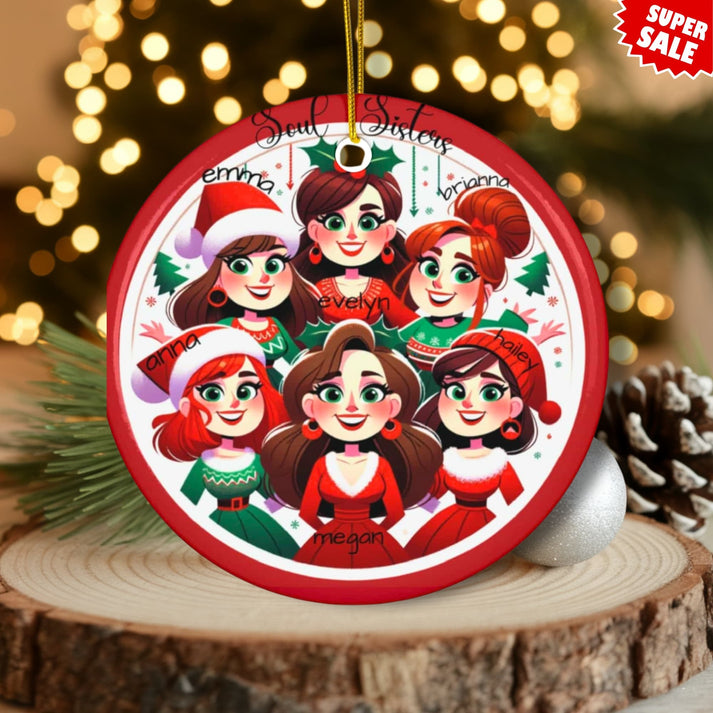 Red Round Ceramic Personalized Ornament for Six Soul Sisters