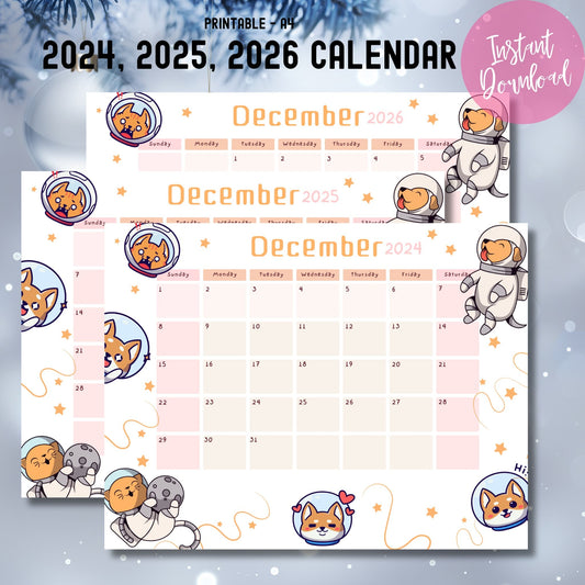 Instant download promotional image of December 2024-2026 calendars with adorable astronaut puppies and moon-themed illustrations, featuring snowy bokeh background and pink download badge.