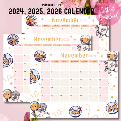 A4 printable November calendar bundle 2024-2026 with instant download badge, featuring kawaii astronaut puppies and floating stars, styled with pink roses and 'Instant Download' text overlay