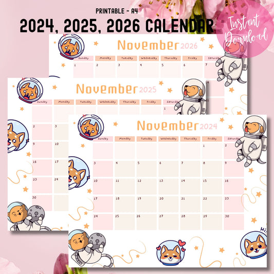 A4 printable November calendar bundle 2024-2026 with instant download badge, featuring kawaii astronaut puppies and floating stars, styled with pink roses and 'Instant Download' text overlay