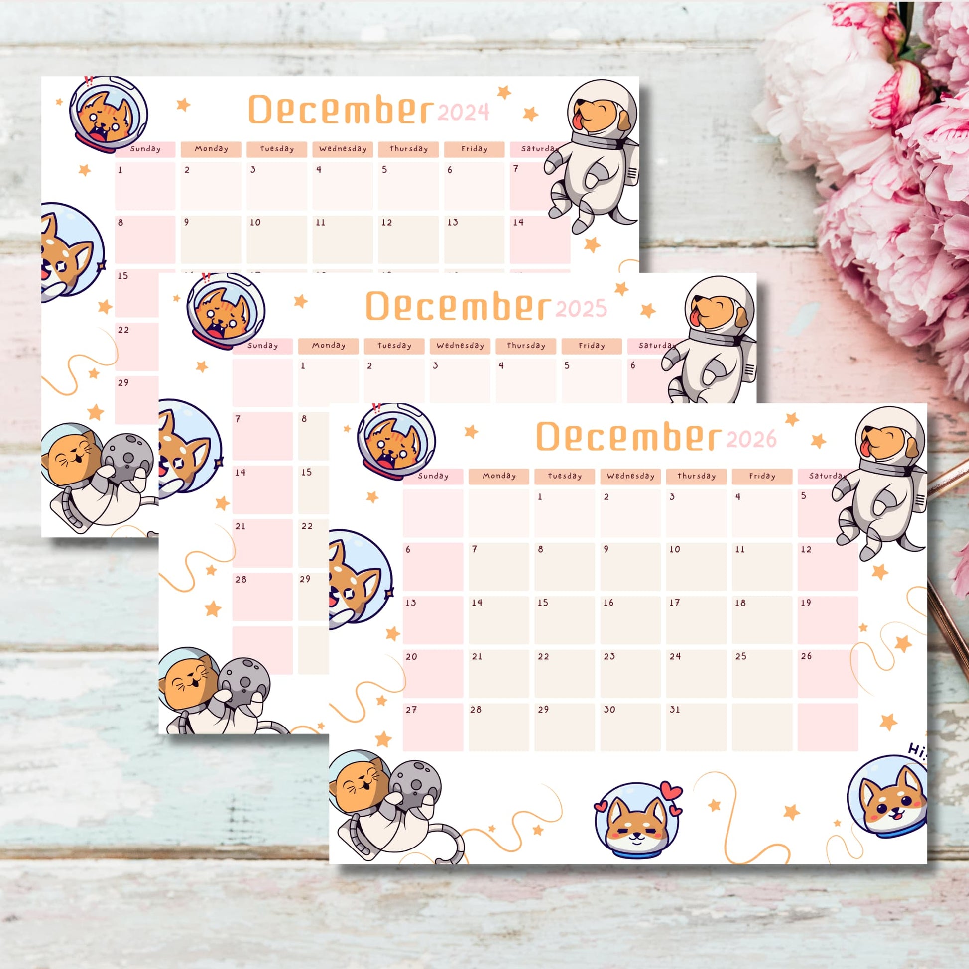 December calendar collection with astronaut puppies and moon designs arranged with pink peonies, featuring soft peach gradients and star accents on rustic background.