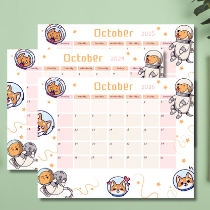 Printable A4 October calendars for 2024-2026 with cute space dog illustrations, showcased on a green background.