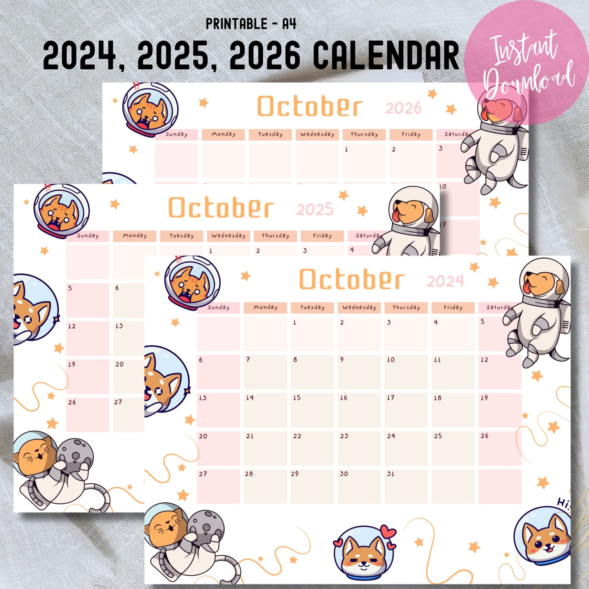 Beige and pink October 2024-2026 calendar pages with adorable space puppy illustrations, shown as an instant download printable A4 set.