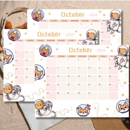 Three October calendars for 2024, 2025, and 2026 featuring adorable space puppies, shown in a layered display on a sandy background.