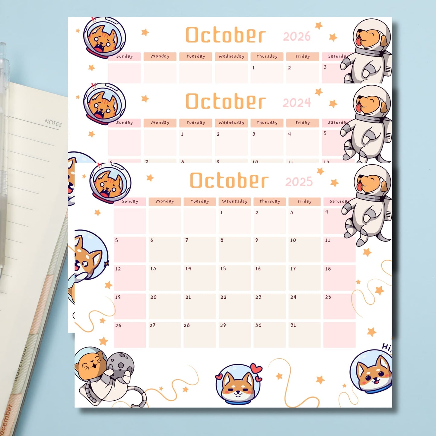 ute space-themed October 2024-2026 calendars with illustrated puppies in spacesuits and helmets, displayed with a notebook and pencil.