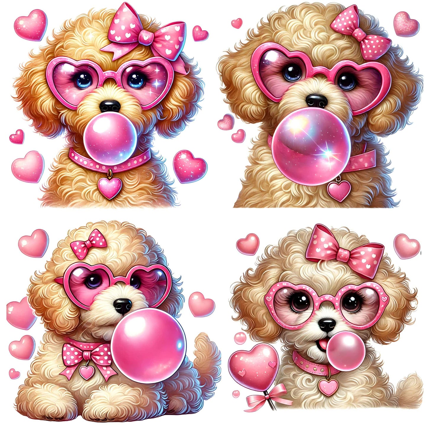 Four whimsical Goldendoodle portraits featuring sparkling bubble gum bubbles, pink heart glasses, and polka dot bows with floating heart accents