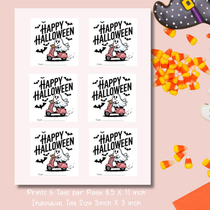 Printable sheet of Halloween goodie bag labels, 6 tags per 8.5x11 inch page, featuring retro ghost on pink scooter for trick-or-treat bags