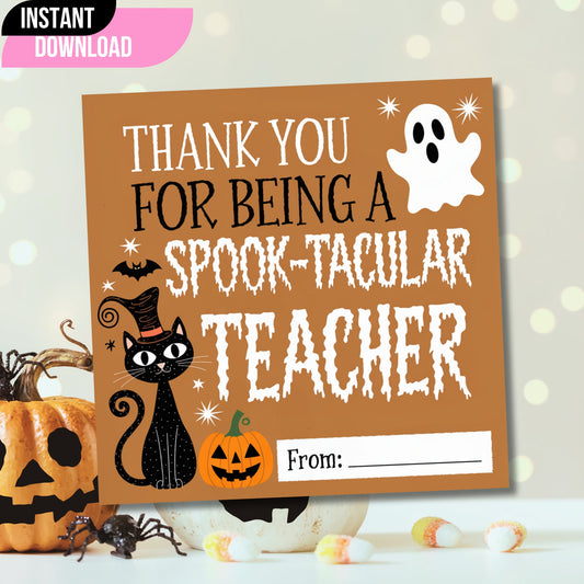 Instant download Halloween teacher thank you tag featuring black cat with witch hat, ghost, and jack-o'-lantern on brown background with space for personalization