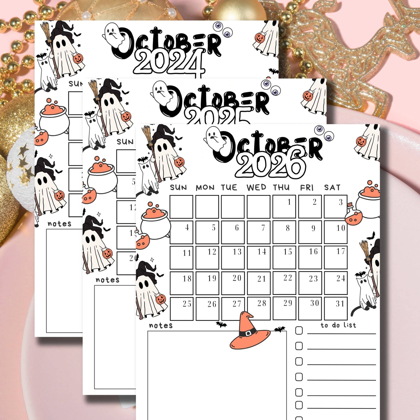 latlay of October 2024-2026 printable calendars with adorable Halloween-themed illustrations, arranged on a festive background with golden decorations, showcasing the free vertical layout design for school use.