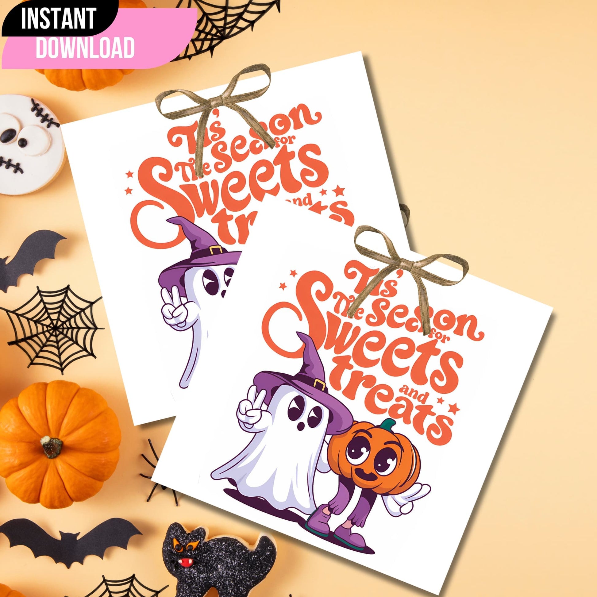 alloween party tags featuring cute ghost and pumpkin characters with "Tis the Season for Sweets and Treats" text, displayed with festive decorations