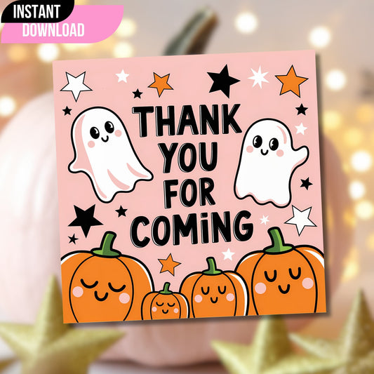 Cute Halloween thank you tag with ghosts and pumpkins on pink background