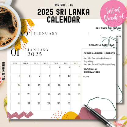 A4 printable 2025 Sri Lankan calendar cover with January preview, featuring Duruthu Poya and Tamil Thai Pongal holidays, stylized with coffee cup, yellow floral elements, and instant download badge on neutral background.