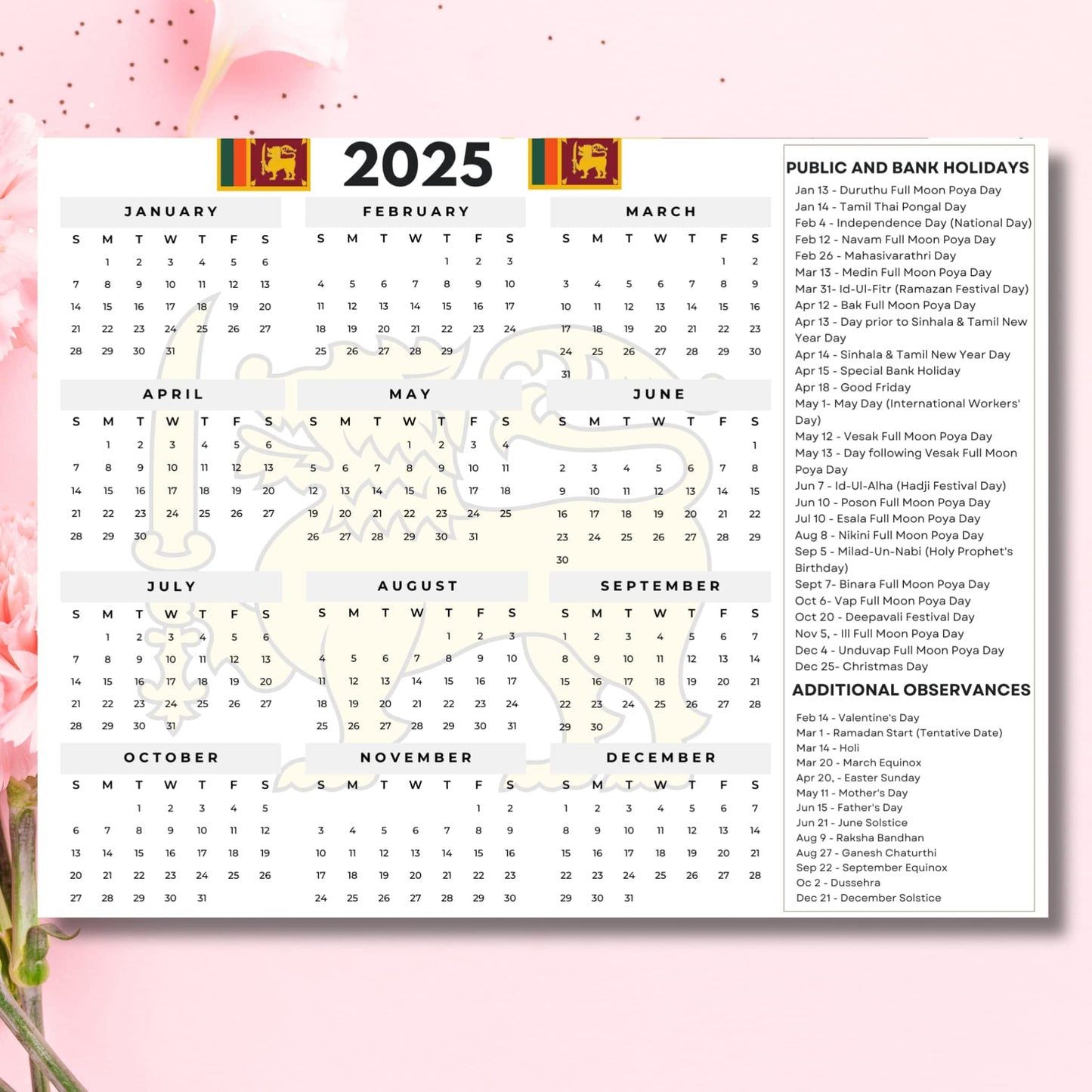 omplete 2025 Sri Lankan yearly calendar with national flag headers, all Poya days, bank holidays, religious festivals including Vesak, Ramadan, Deepavali, and cultural observances on pink floral background