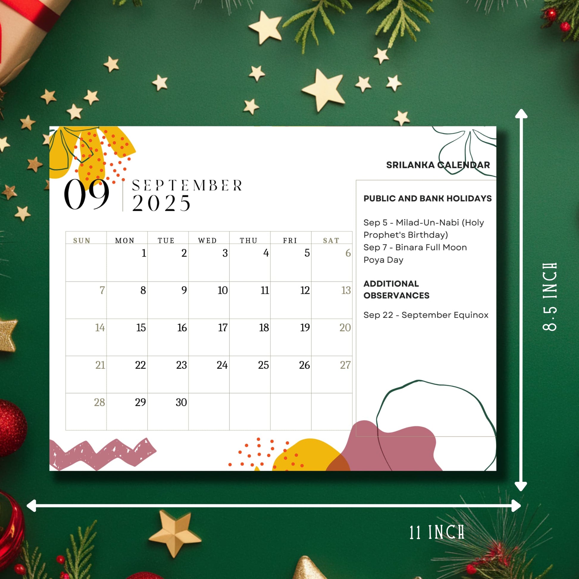 September 2025 Sri Lankan calendar page showing 11x8.5 inch dimensions, featuring Milad-Un-Nabi and Binara Poya holidays, with yellow floral header and abstract design elements on festive green background.