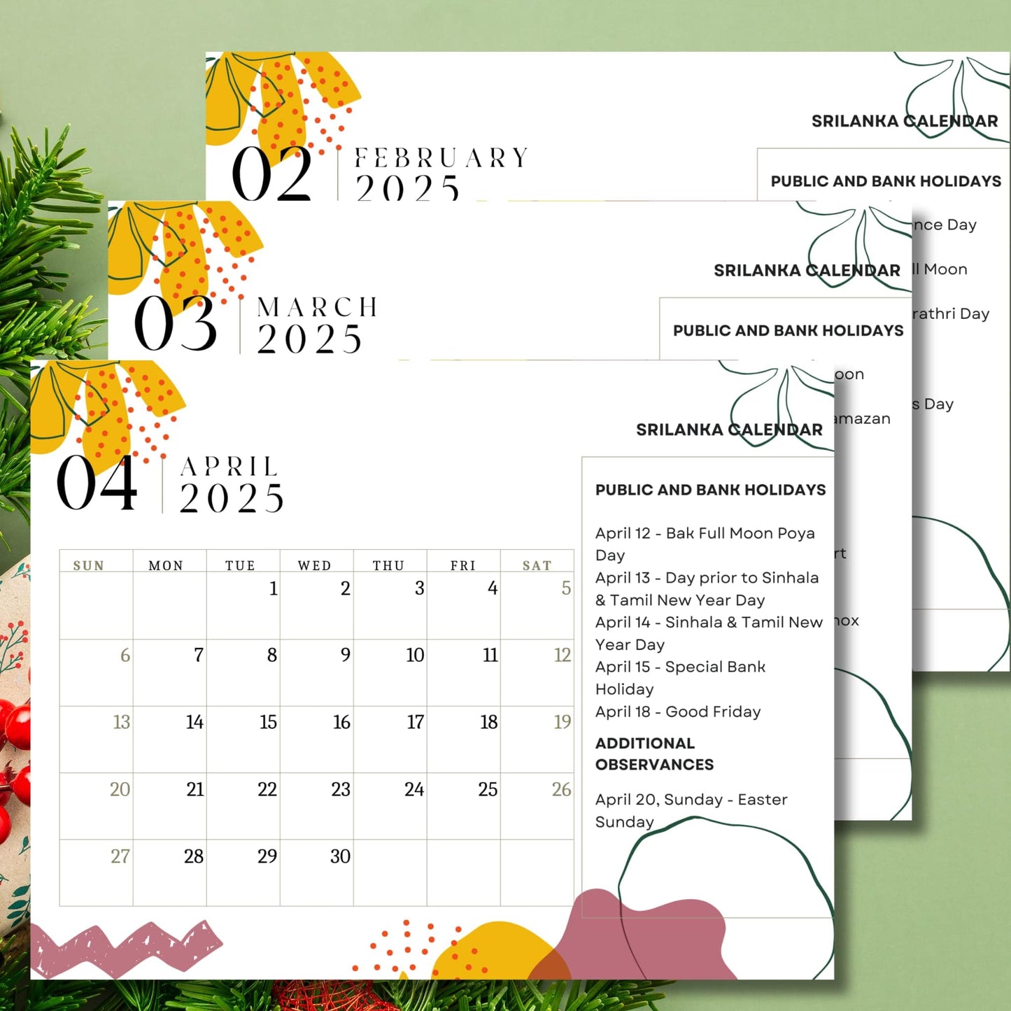 Spring months preview of 2025 Sri Lankan calendar featuring February to April with Sinhala & Tamil New Year holidays, Poya days, and yellow floral design elements, displaying public and bank holidays against green background.