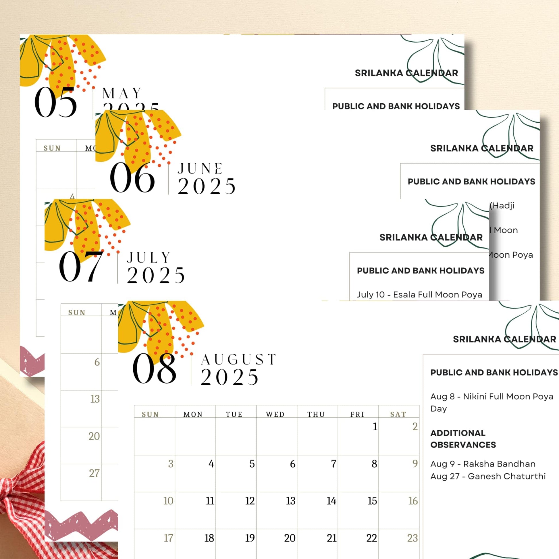 Summer months view 2025 Sri Lankan calendar showing May through August with Full Moon Poya days, Esala and Nikini celebrations, decorated with yellow botanical motifs and traditional observances list