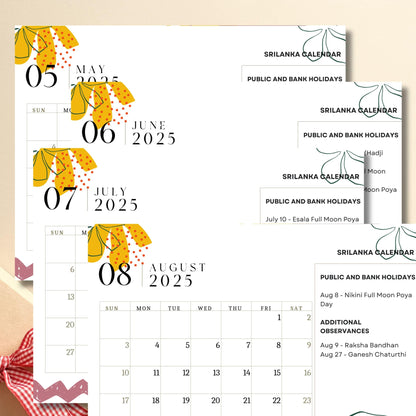 Summer months view 2025 Sri Lankan calendar showing May through August with Full Moon Poya days, Esala and Nikini celebrations, decorated with yellow botanical motifs and traditional observances list