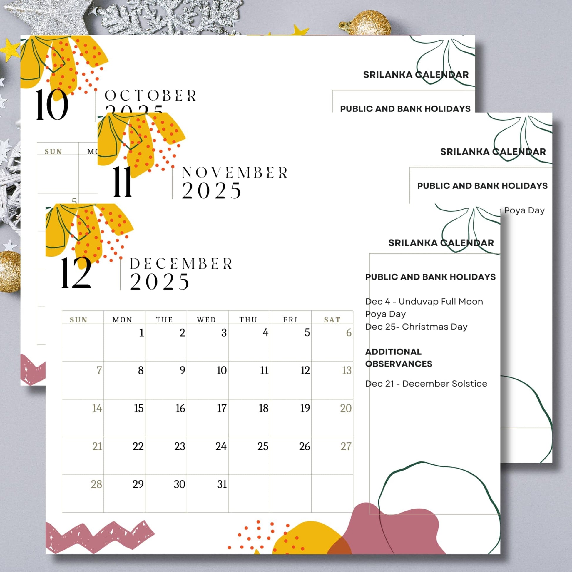 Winter months preview of 2025 Sri Lankan calendar displaying October through December, including Unduvap Poya and Christmas holidays, with yellow botanical design and silver snowflake styling