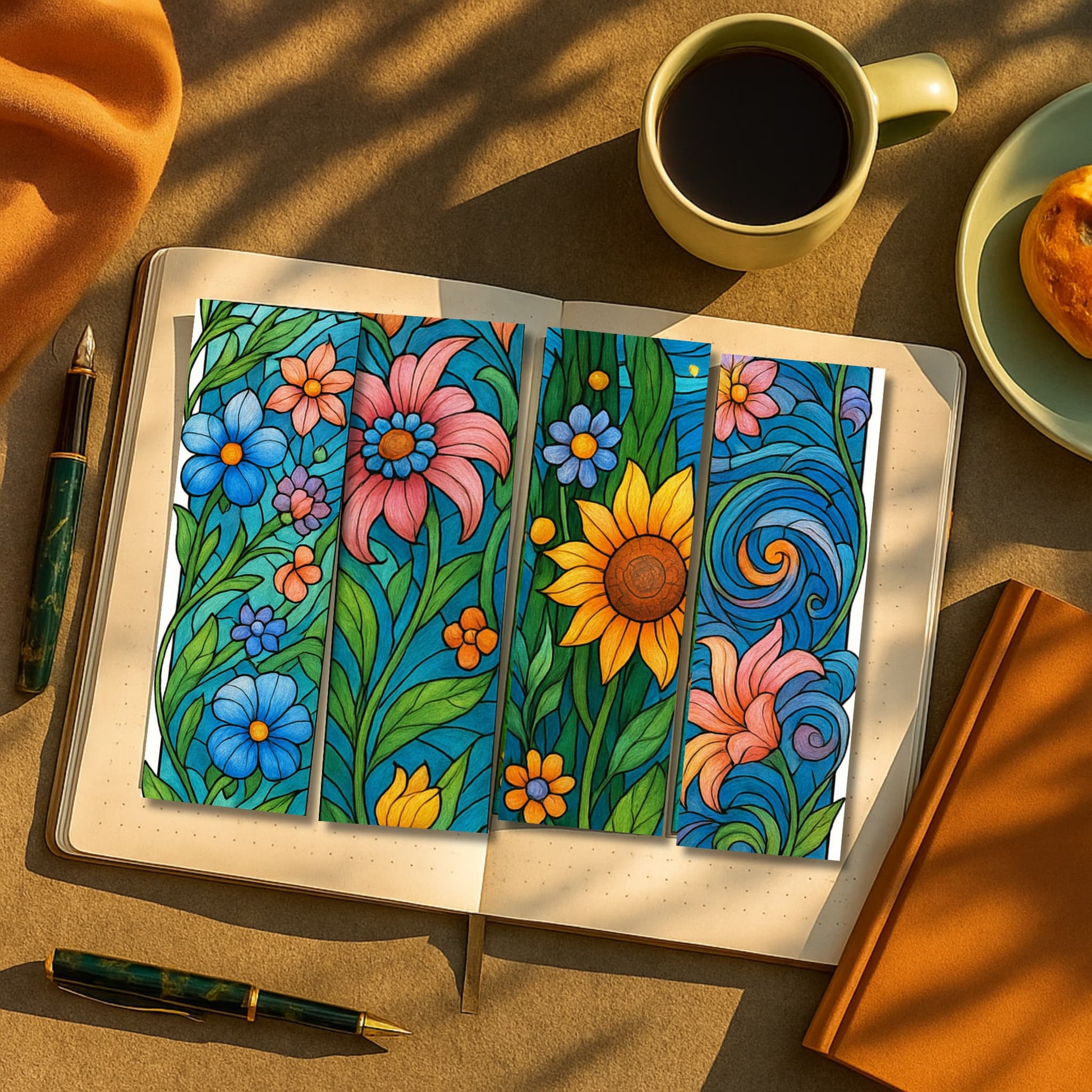 Stained glass flower bookmarks with blue orange green designs displayed in open journal with coffee