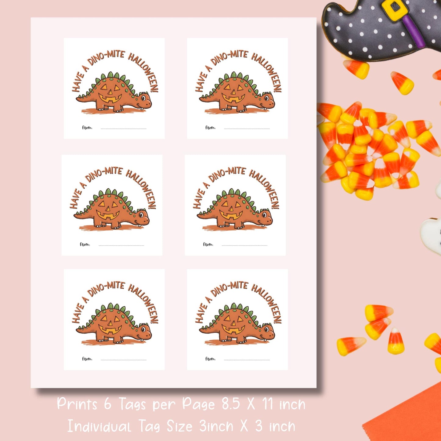 Printable sheet of Dino-mite Halloween favor tags, 6 tags per 8.5x11 inch page, featuring cute orange dinosaur-pumpkin design for kids' treats