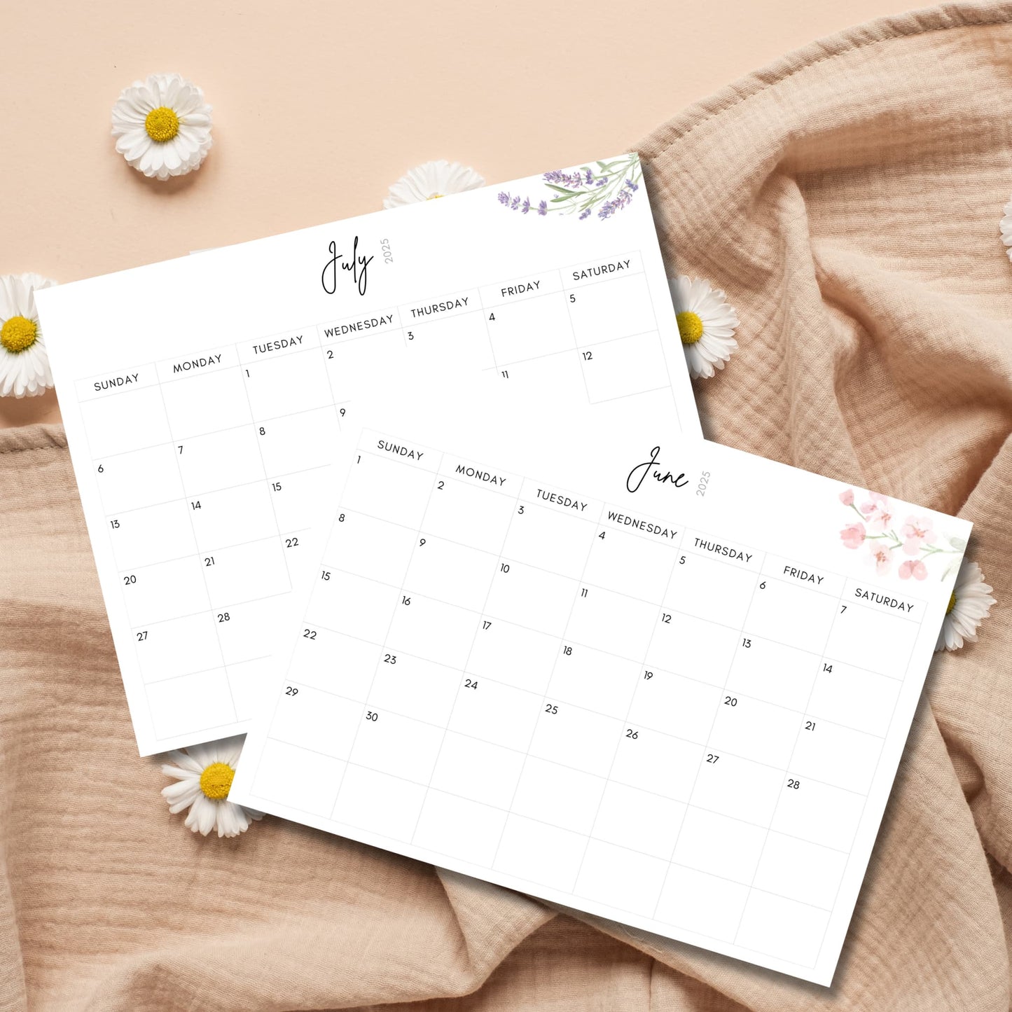 June and July 2025 calendar pages with simple modern design, lavender and pink floral watercolor accents, styled with fresh daisies and linen fabric