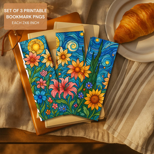 Set of three sunflower bookmarks in leather journal with croissant and coffee breakfast scene