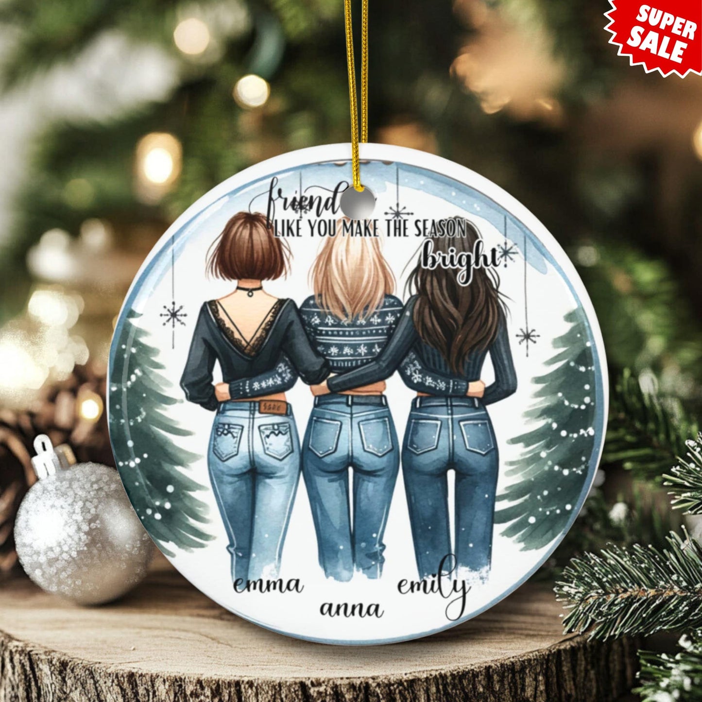 Personalized ceramic friendship ornament styled on rustic wood slice with glittery silver ornament and pine branches, featuring three besties in matching winter outfits against Christmas tree bokeh background, perfect for BFF holiday gift