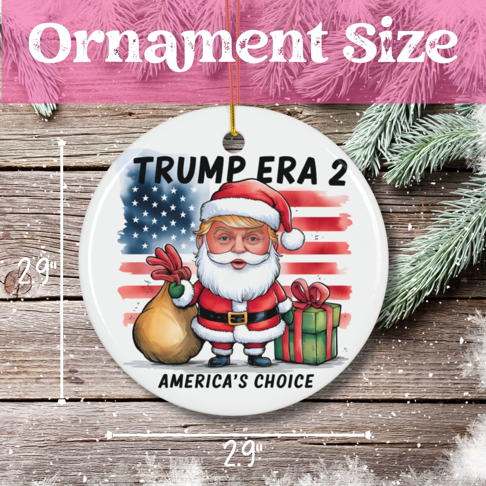 Product size demonstration showing 2.9-inch diameter of circular ceramic ornament. White porcelain finish with detailed Santa artwork, displayed on wooden background with pine decor.