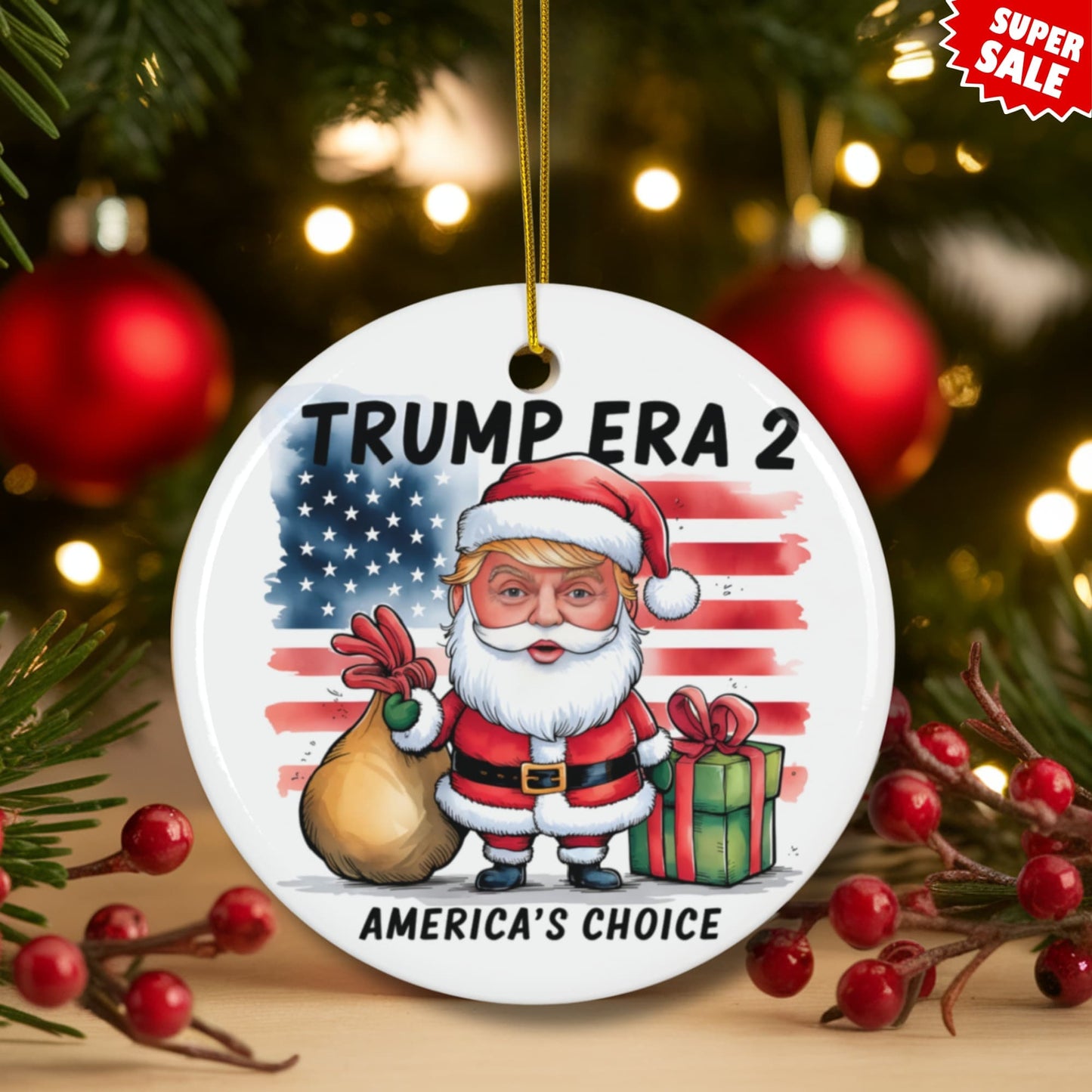 Holiday scene showing ornament on Christmas tree with red baubles, warm lights, and berries. Features super sale badge, perfect for festive decor with illuminated background.