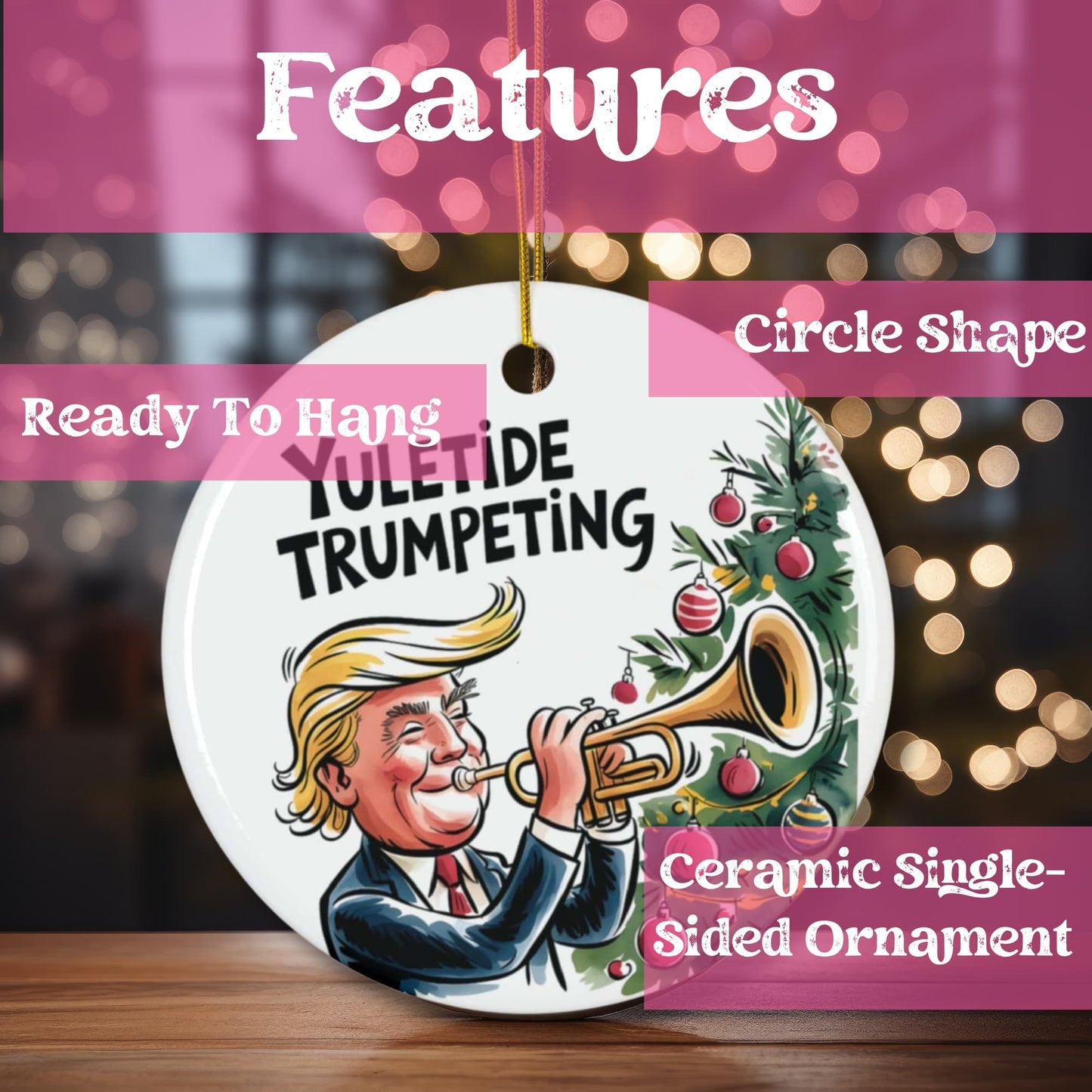 Product features showcase highlighting circle shape, ready-to-hang design, and single-sided ceramic construction of musical holiday ornament with festive artwork.