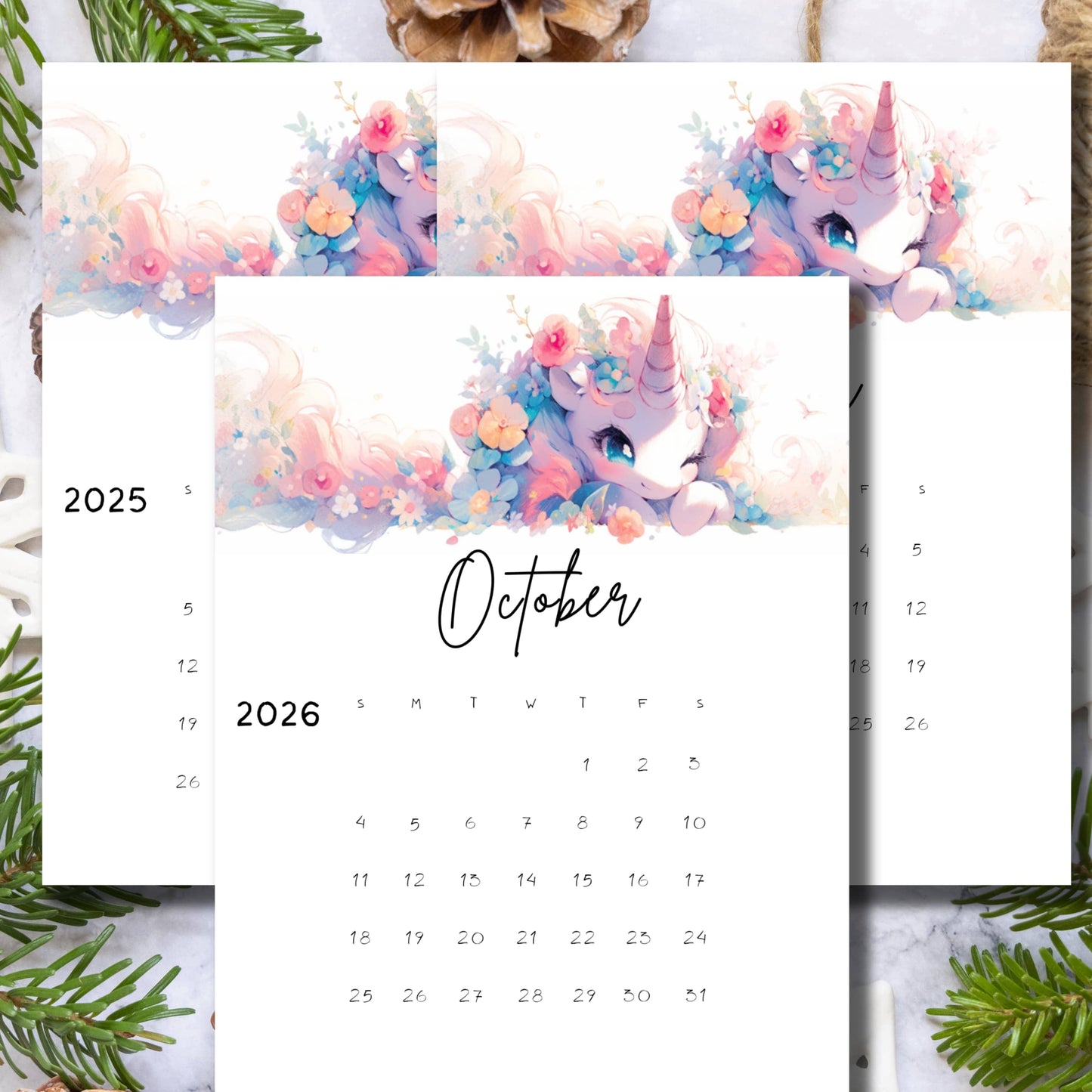 Three-year October calendar preview for 2024-2026 featuring a cute white and pink unicorn design, displayed with pinecones and foliage, highlighting the vertical 11 x 8.5-inch A4 layout for students and teachers.