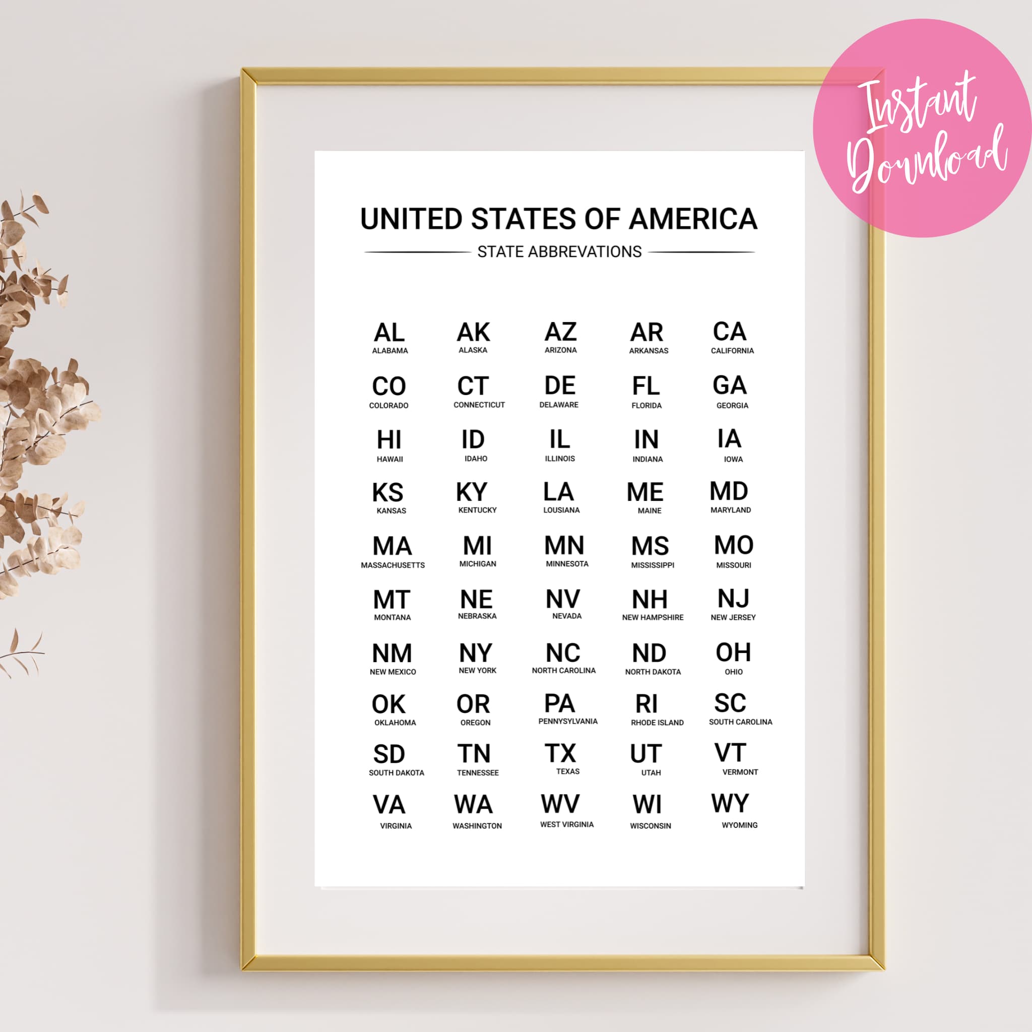 πΊπΈ Free US State Abbreviations Chart Printable | JPG Wall Art ...