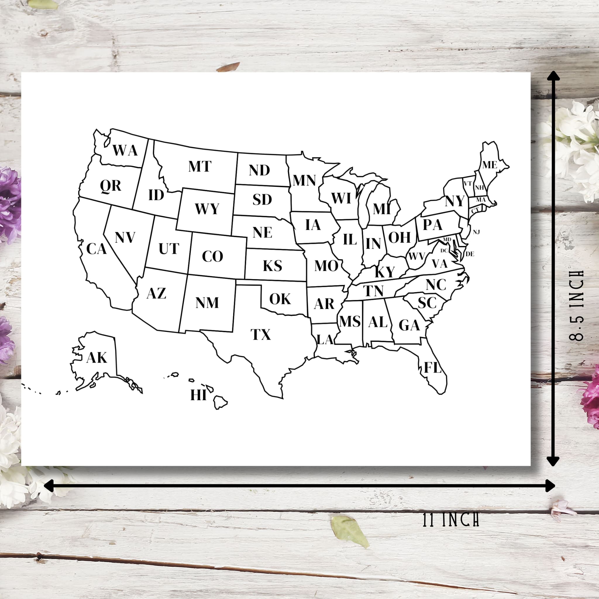 USA map showing 11x8.5 inch dimensions