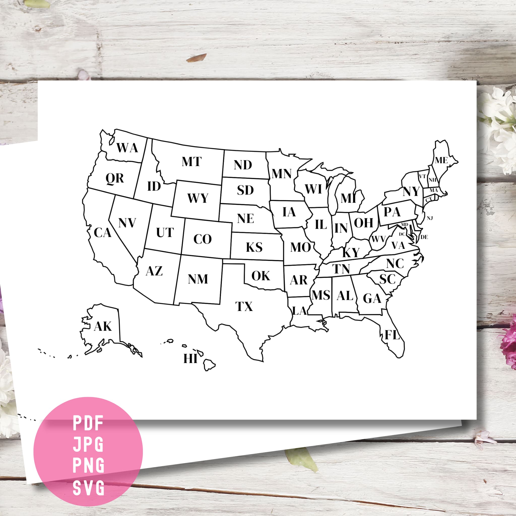 USA map outline with state abbreviations for sales tracking