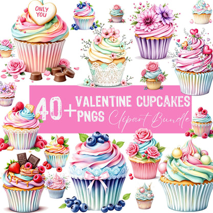 40+ Valentine's Day cupcake clipart collection preview featuring romantic desserts with hearts, flowers, and chocolates on white background