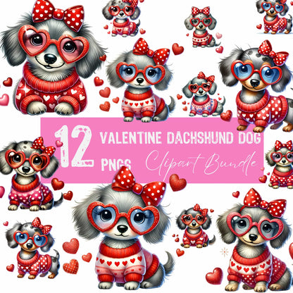 Preview of 12 PNG Valentine dachshund clipart bundle showing multiple puppy designs with heart-shaped glasses, red polka dot bows, and Valentine sweaters. Pink banner displays product details for digital download