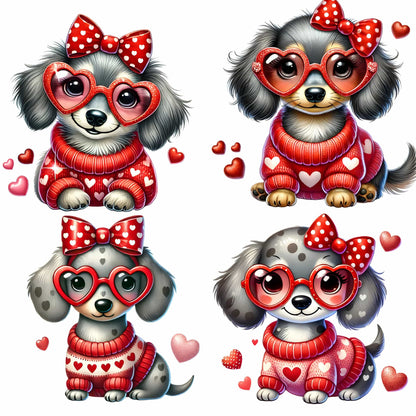 Set of four dachshunds in red Valentine sweaters with glittery heart details, each wearing sparkly red heart-shaped glasses and polka dot bows. Dogs shown in sitting poses with floating heart decorations.