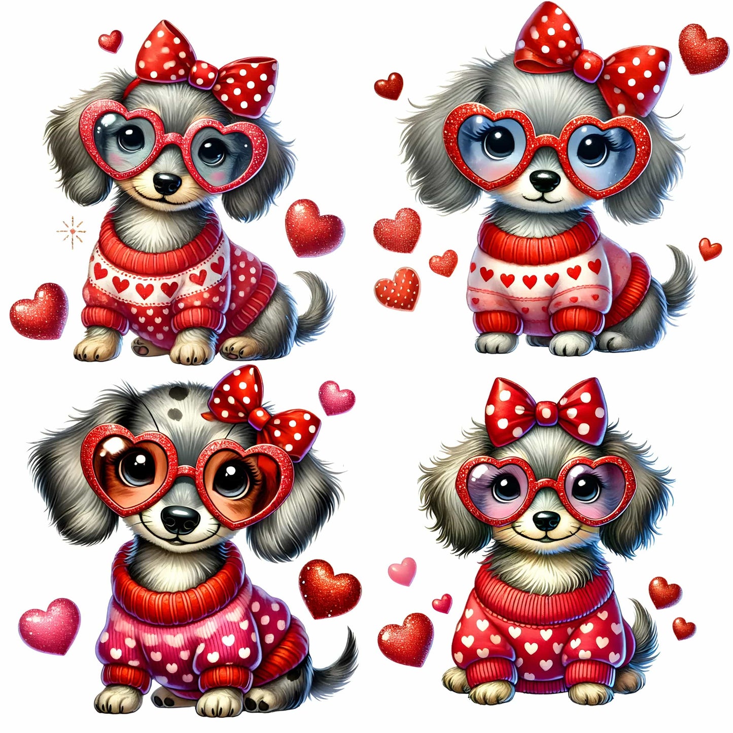 Four Valentine-themed dachshund illustrations featuring puppies in festive red and pink sweaters, decorated with hearts and polka dots, wearing heart-shaped glasses with sparkle effects