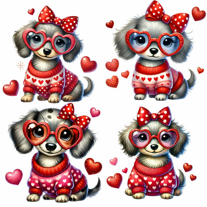 Four Valentine-themed dachshund illustrations featuring puppies in festive red and pink sweaters, decorated with hearts and polka dots, wearing heart-shaped glasses with sparkle effects