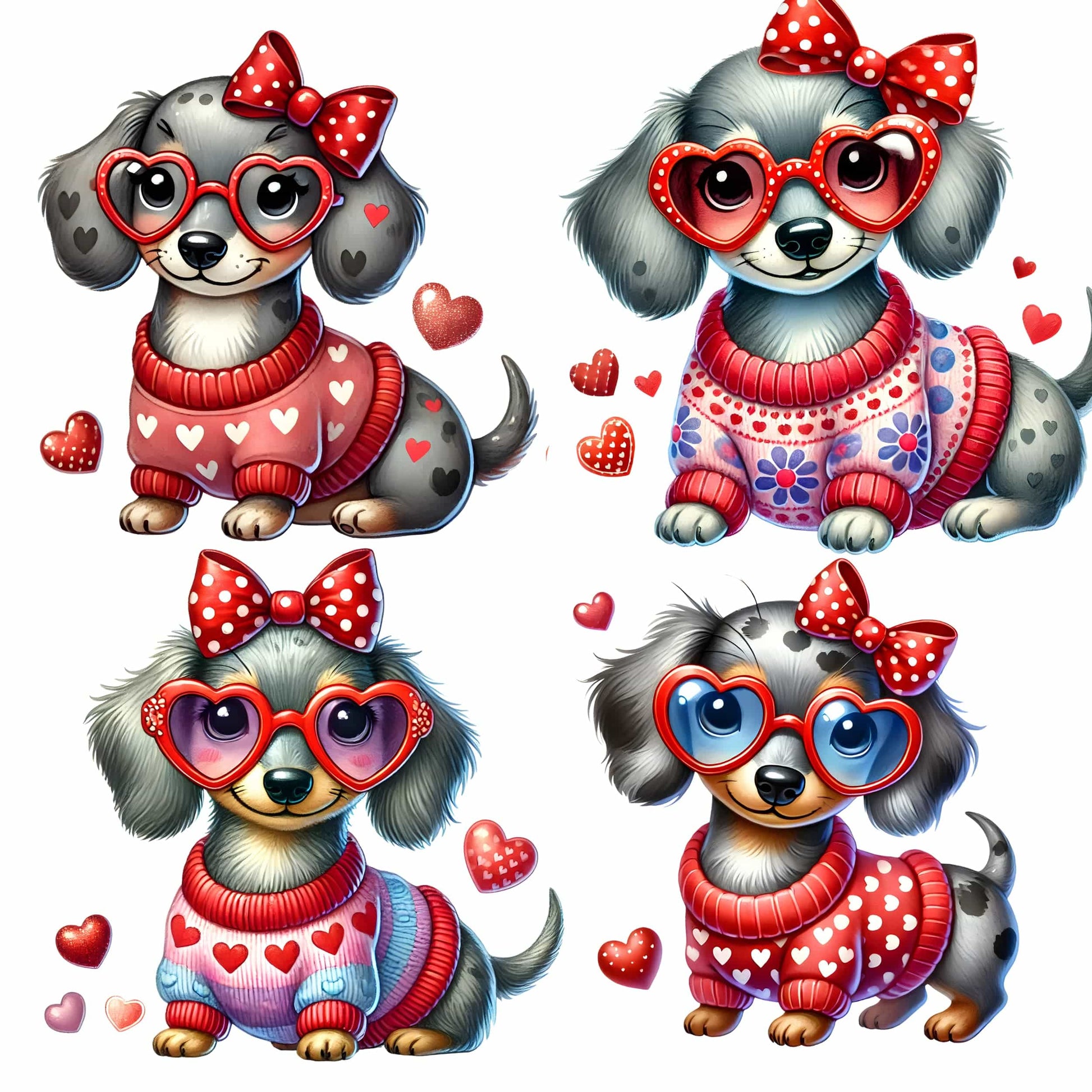 Collection of four cute dachshund puppies wearing Valentine sweaters with heart patterns, red polka dot bows, and heart-shaped glasses. Features various color combinations of red and pink sweaters with floral and heart designs.