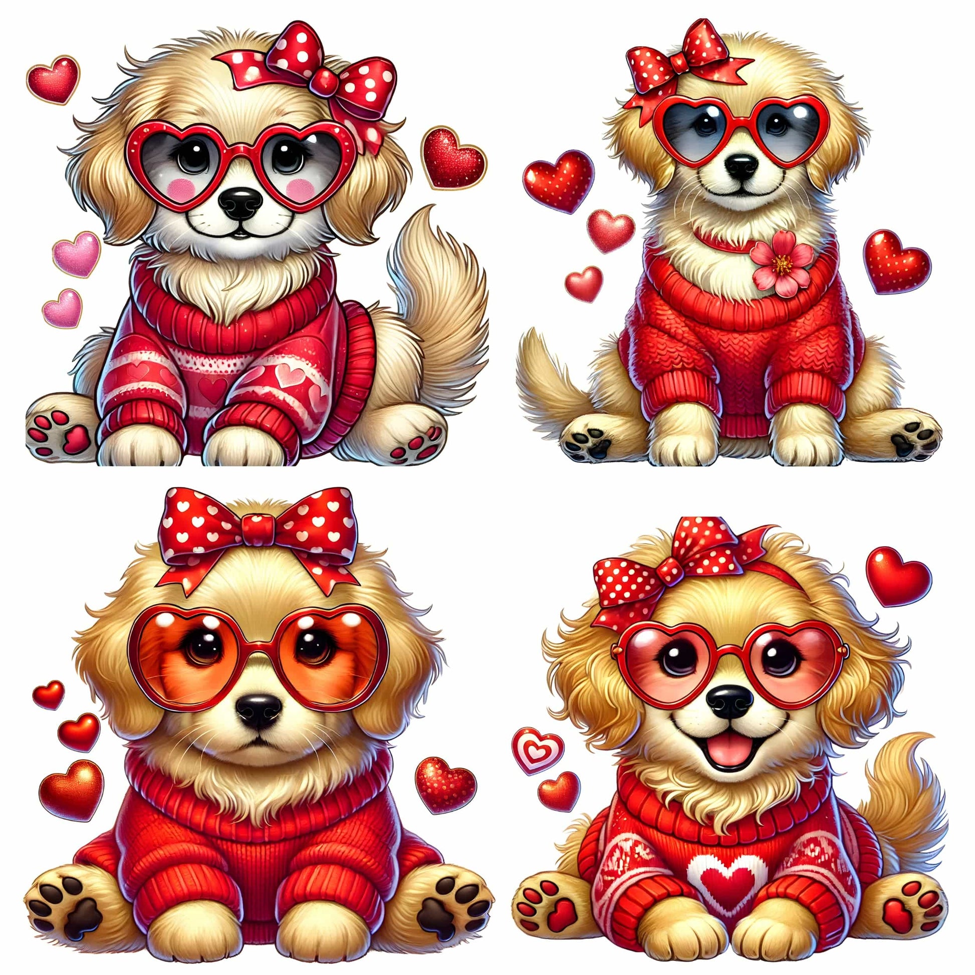 Set of four Golden Retrievers in festive Valentine's sweaters featuring heart patterns, red bows, and heart-shaped glasses with floating hearts