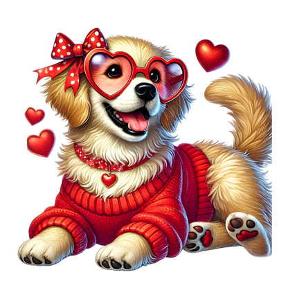 Smiling Golden Retriever puppy wearing red knit sweater, heart-shaped glasses, and polka dot bow, surrounded by floating heart decorations