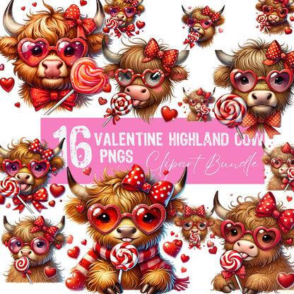 Preview of 16 PNG Highland cow clipart bundle showing multiple poses of Scottish cows with Valentine's Day accessories. Pink banner displays product details with glitter heart decorations.